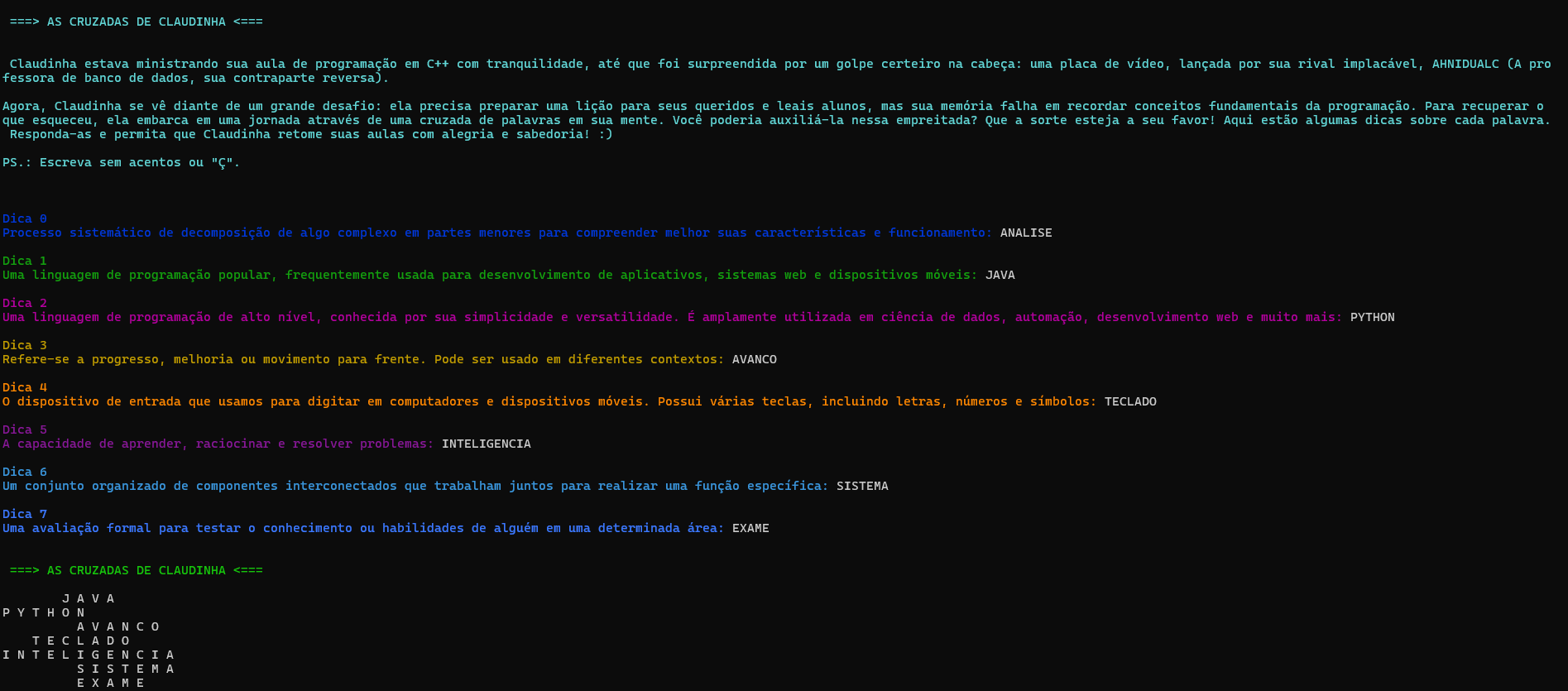 Prévia do jogo Palavras Cruzadas em C++